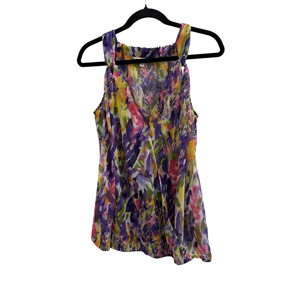 Cabi‎ Watercolor Floral Chiffon Sleeveless Blouse Purple Yellow Pink Medium
